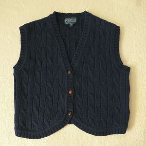 Vtg Lands' End Sweater Vest Womens M Blue Shetland Wool Cable Knit Button V Neck